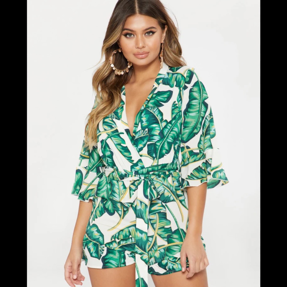 PLT green tropical frill romper